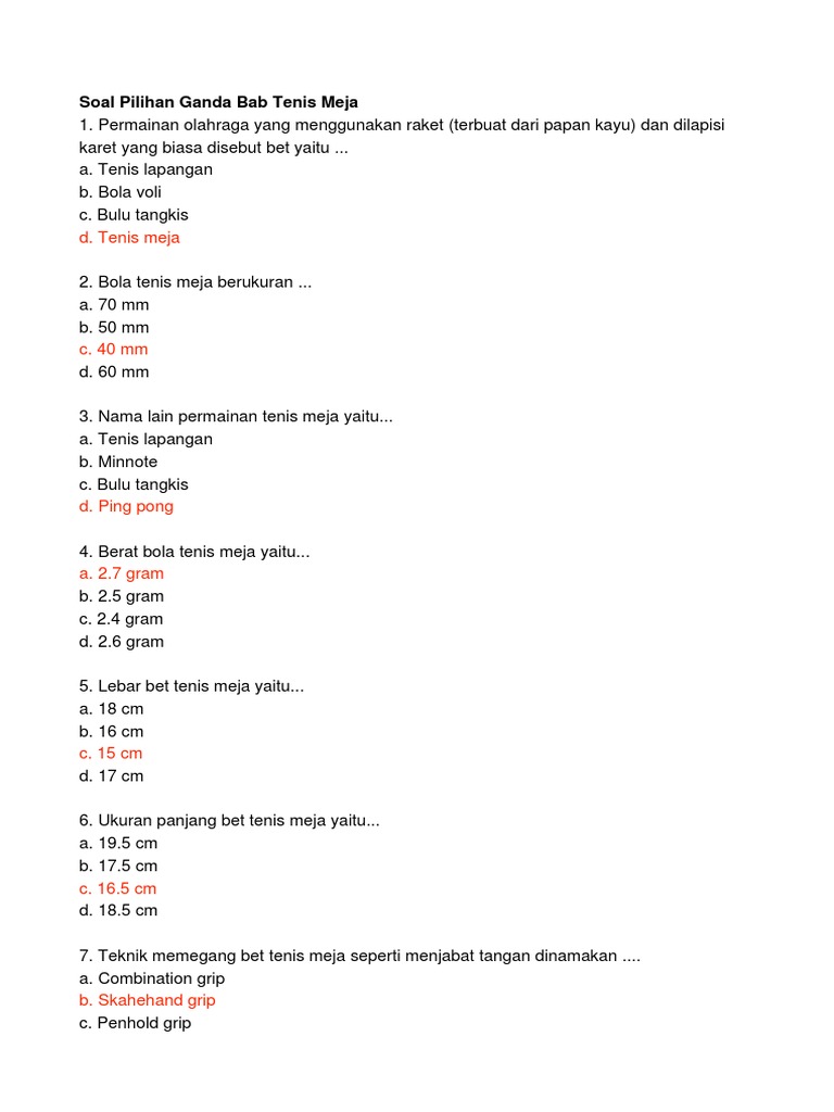 Ina Apa Soal Pilihan Ganda Bab Tenis Meja