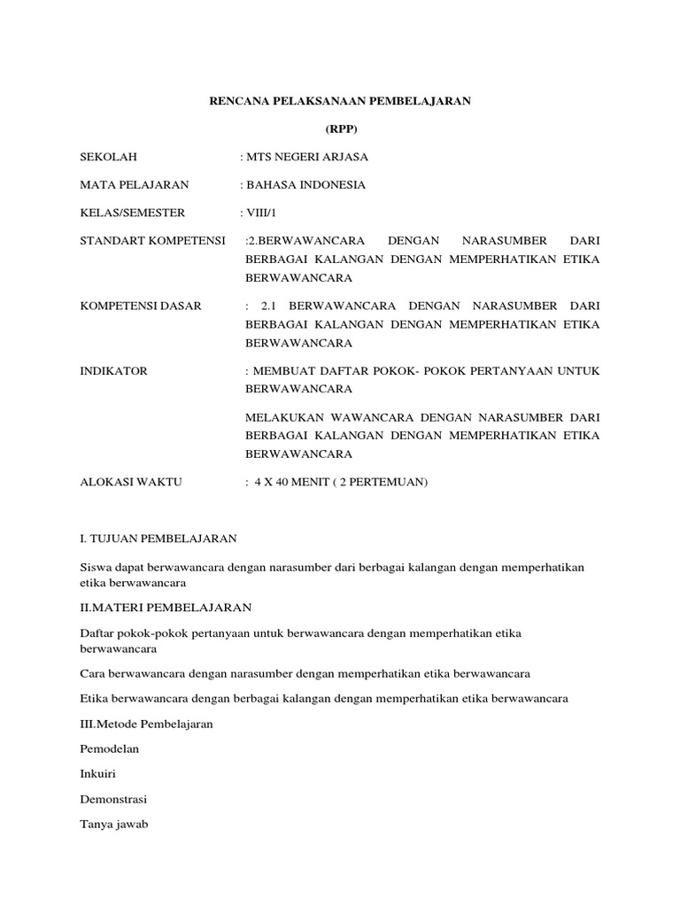 RPP Wawancara Etis Bahasa Indonesia | PDF | Seni & Disiplin Bahasa