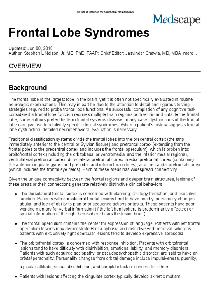Frontal Lobe Syndromes: Background | PDF | Frontal Lobe | Prefrontal Cortex