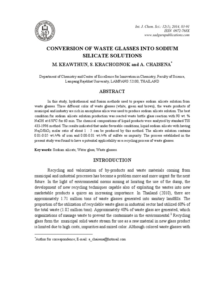 Waste Glass to Sodium Silicate Conversion | PDF | Silicon Dioxide | Glasses