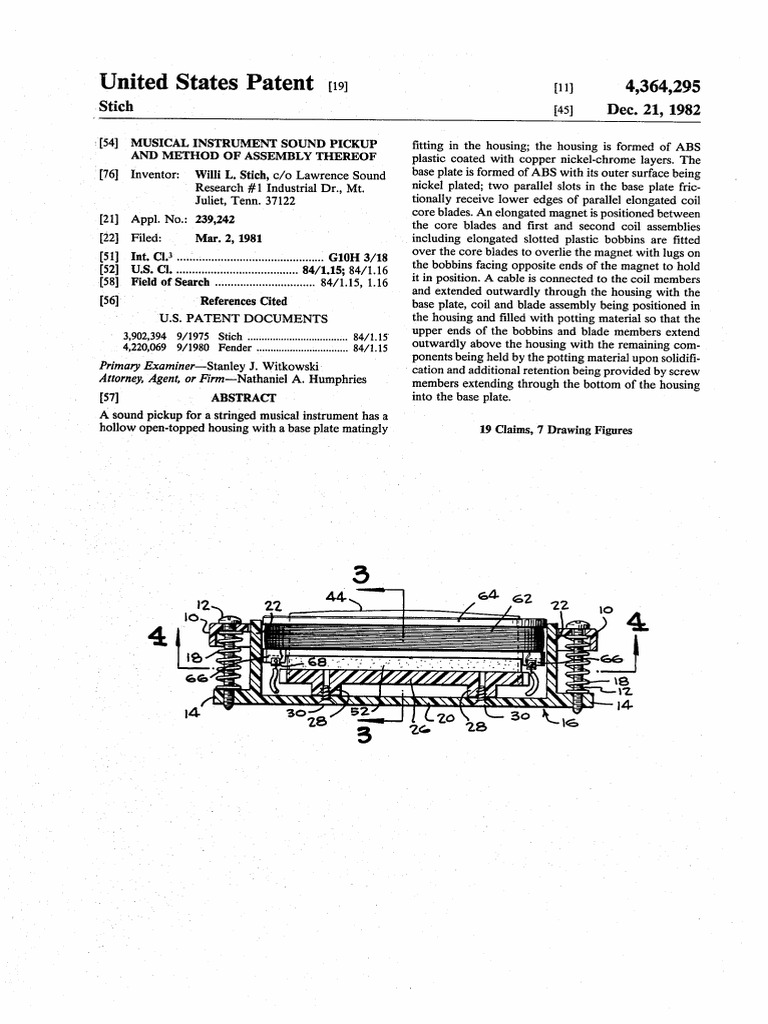 U.S. Patent 4,364,295, Entitled "Blade Pickups", Inventor Bill Lawrence