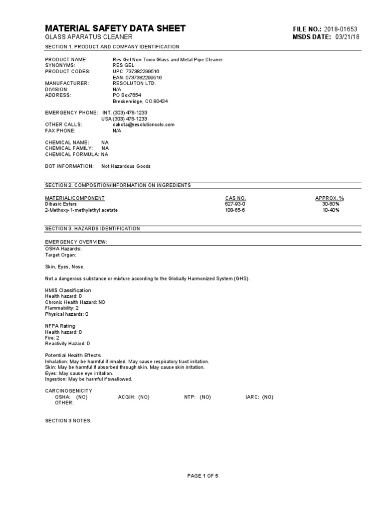 Msds Reolution Res Gel | PDF | Firefighting | Toxicity