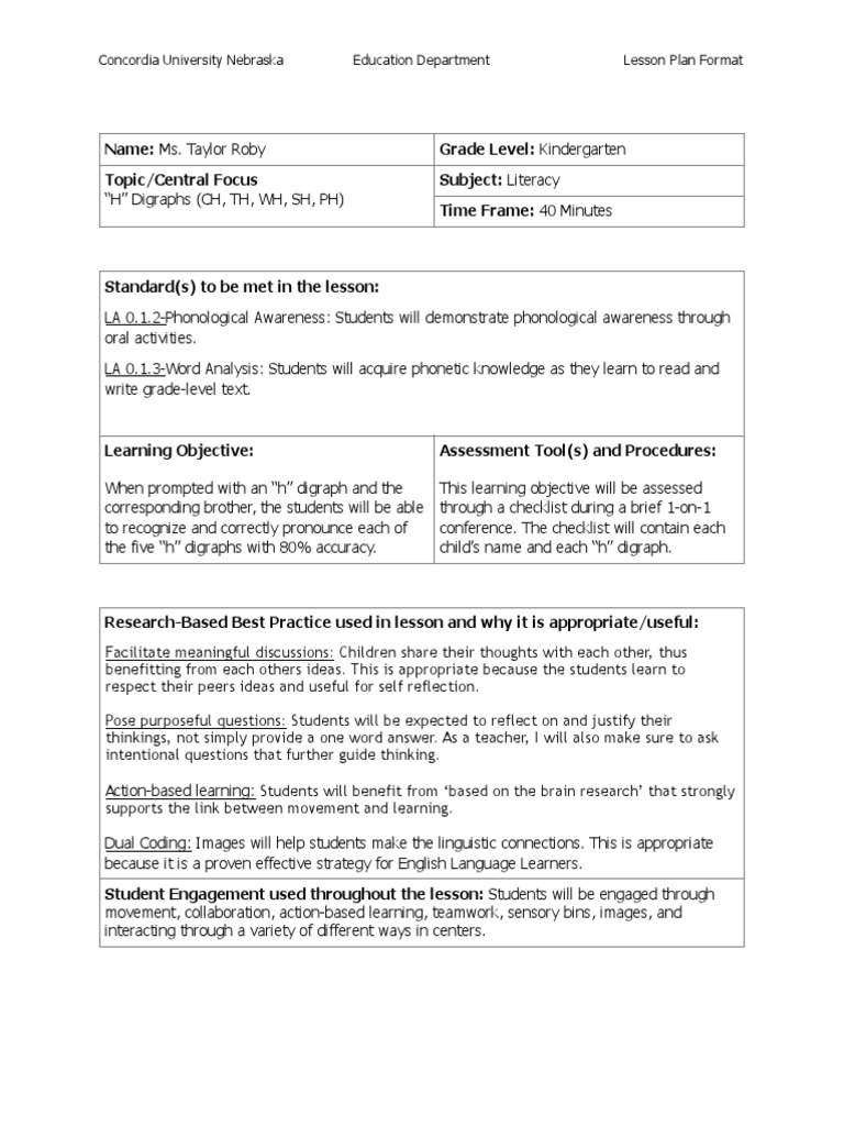 Concordia University Nebraska Education Department Lesson Plan Format ...
