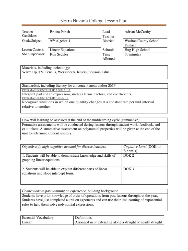 9th Grade Algebra 1 Lesson Plan: Linear Equations | PDF | Equations ...