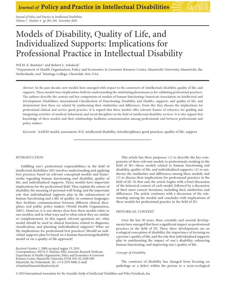 Models of Disability - Buntinx Schalock 2010 JPPID.144132950 | PDF ...