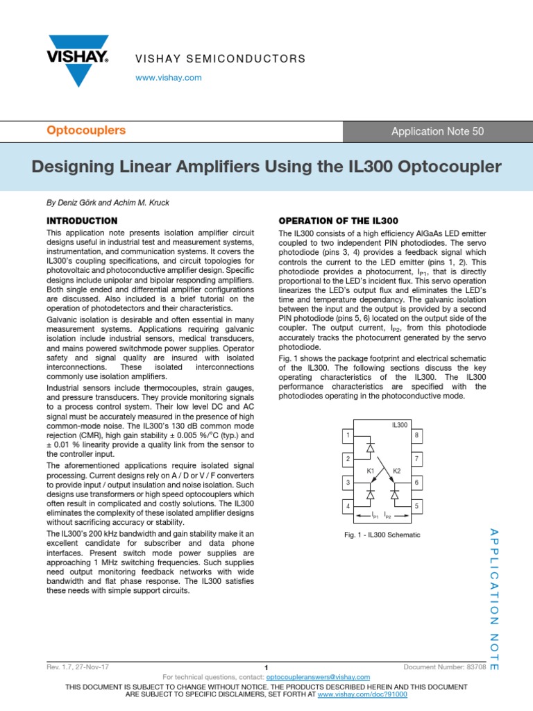 Designing Linear Amplifiers Using The IL300 Optocoupler Optocouplers