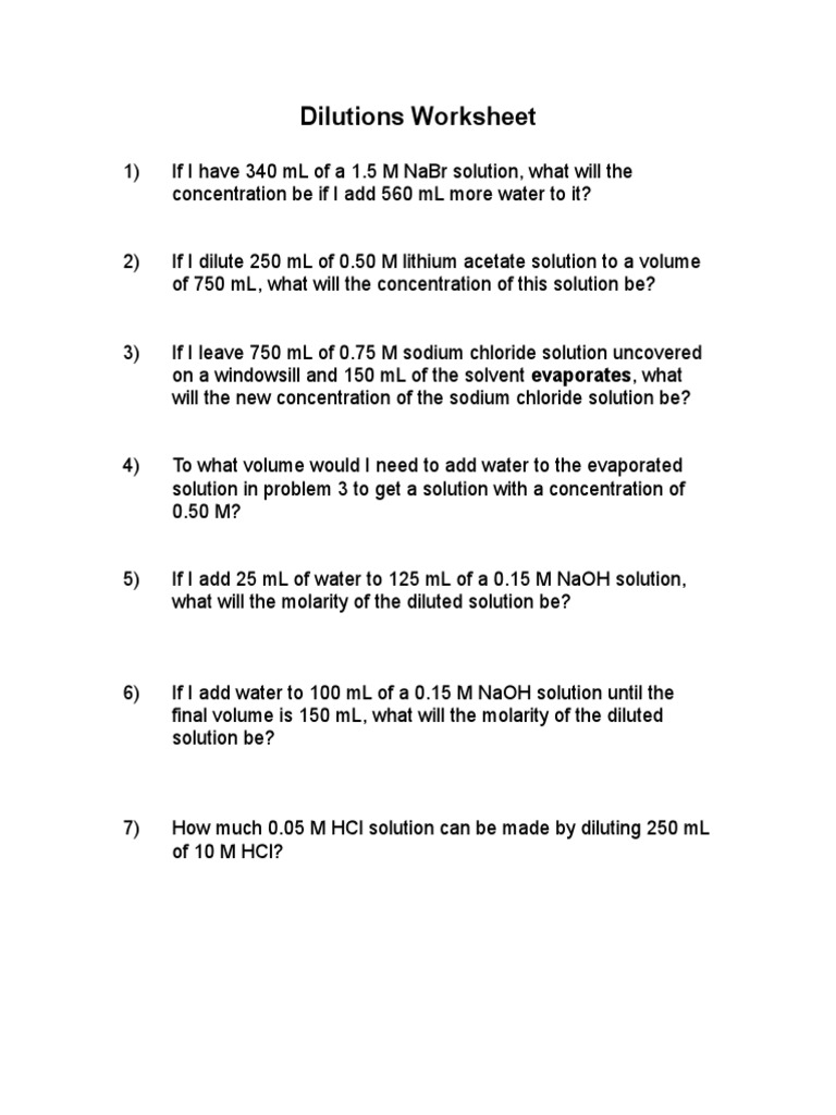 Dilution S Worksheet Molar Concentration Solution