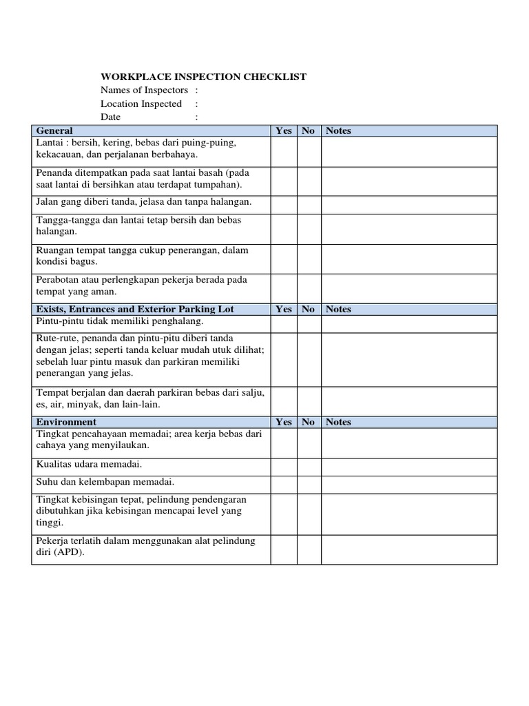 Workplace Inspection Checklist Bahasa Indonesia, Apligo PDF