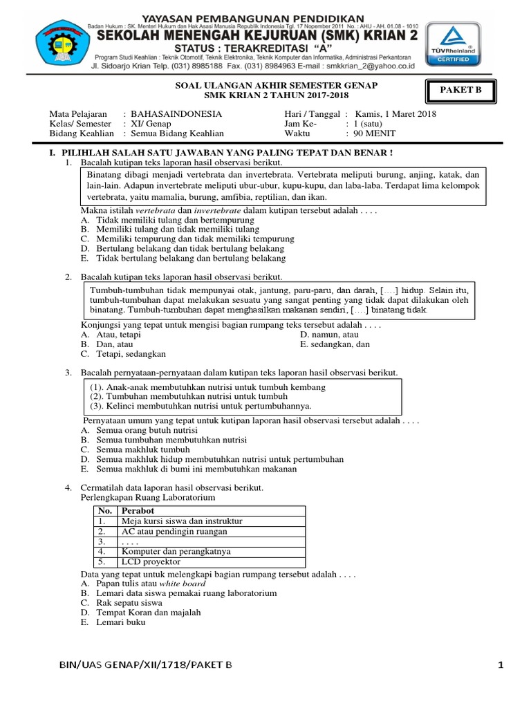 Soal Uas Kls 12 Paket B 2018