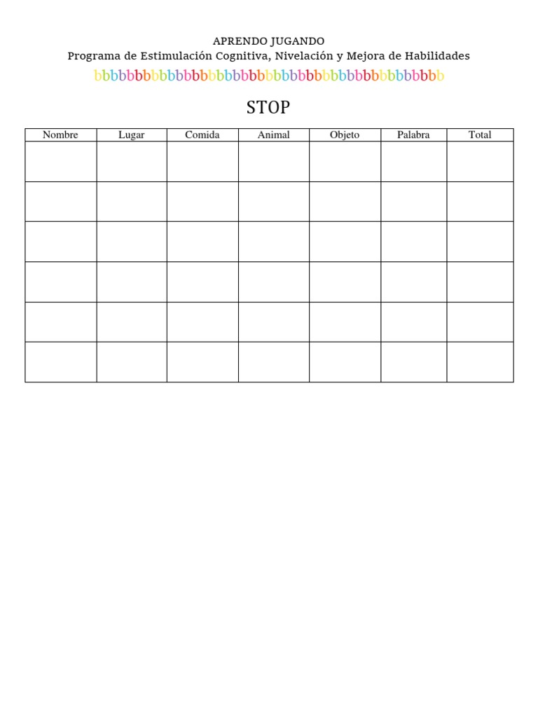 Aprendo Jugando Plantilla De Juego Stop Pdf