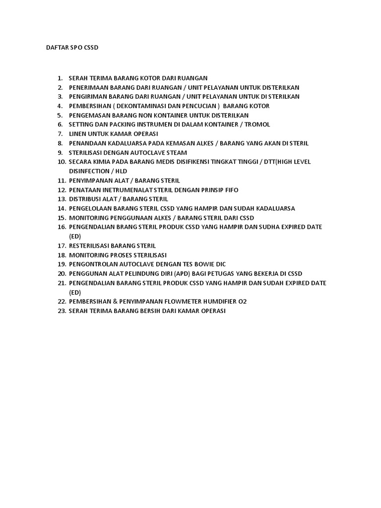 Daftar Spo CSSD | PDF | Teknologi & Rekayasa