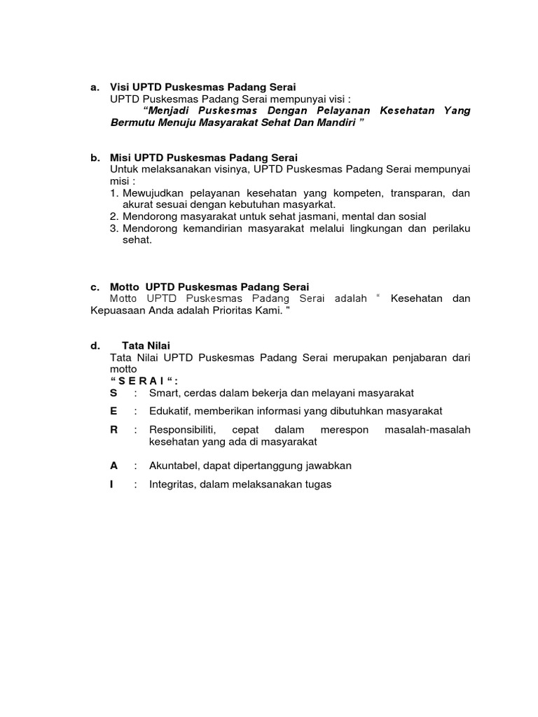 Visi Uptd Puskesmas Padang Serai Pdf