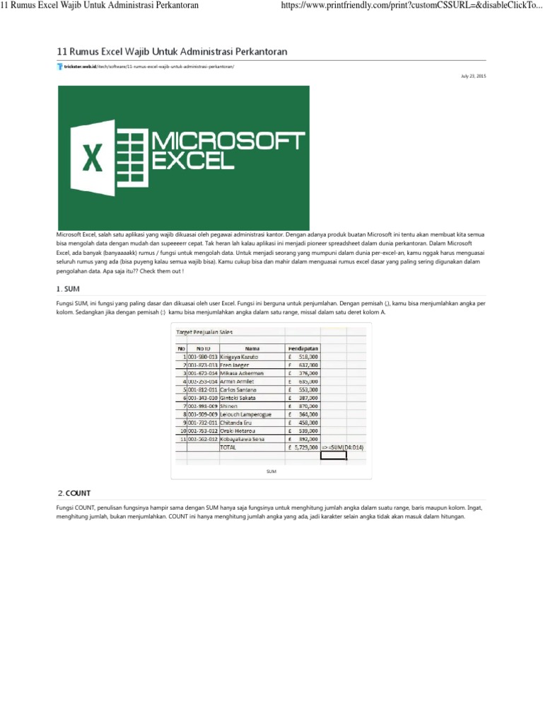 11 Rumus Excel Wajib Untuk Administrasi Perkantoran Pdf