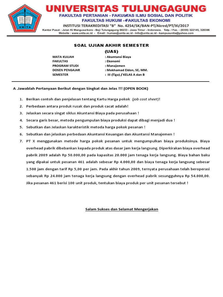 Soal Uas Akuntansi Biaya 2017 2018 Genap