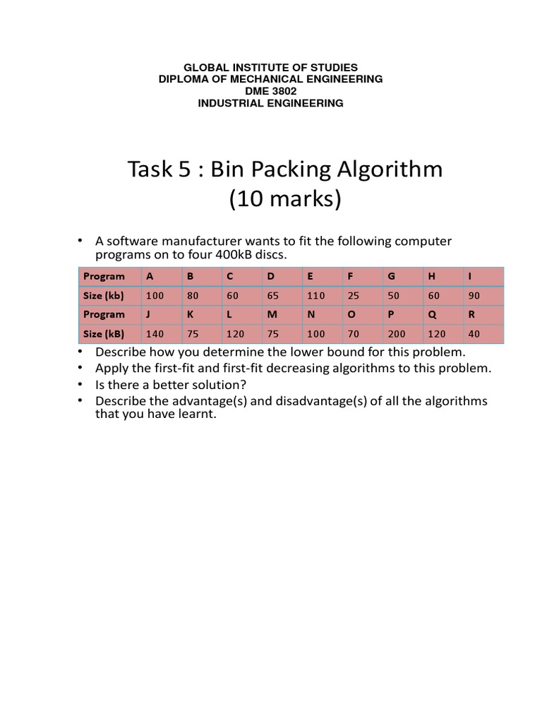 Task 5 Bin Packing Algorithm (10 Marks) PDF