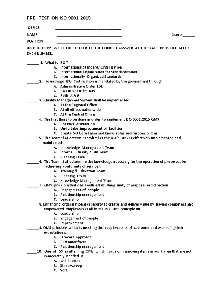 Pre - Test On Iso 9001-2015: Office | Download Free PDF | Behavior ...