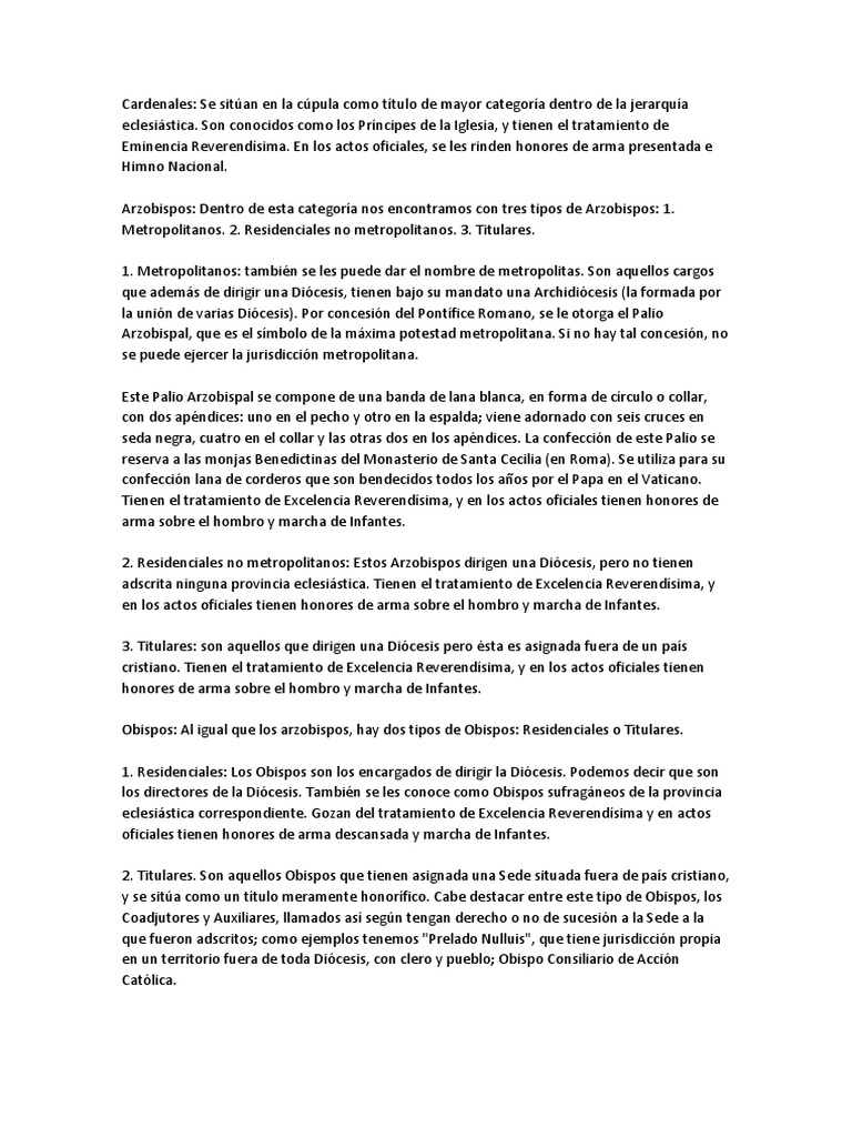 Tratamiento y Honores Jerarquía de La Iglesia | PDF | obispo | Arzobispo