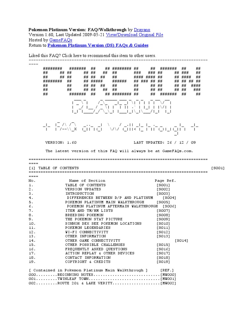 Pokemon Platinum Version (DS) Faqs & Guides | PDF | Pokémon | Nintendo ...