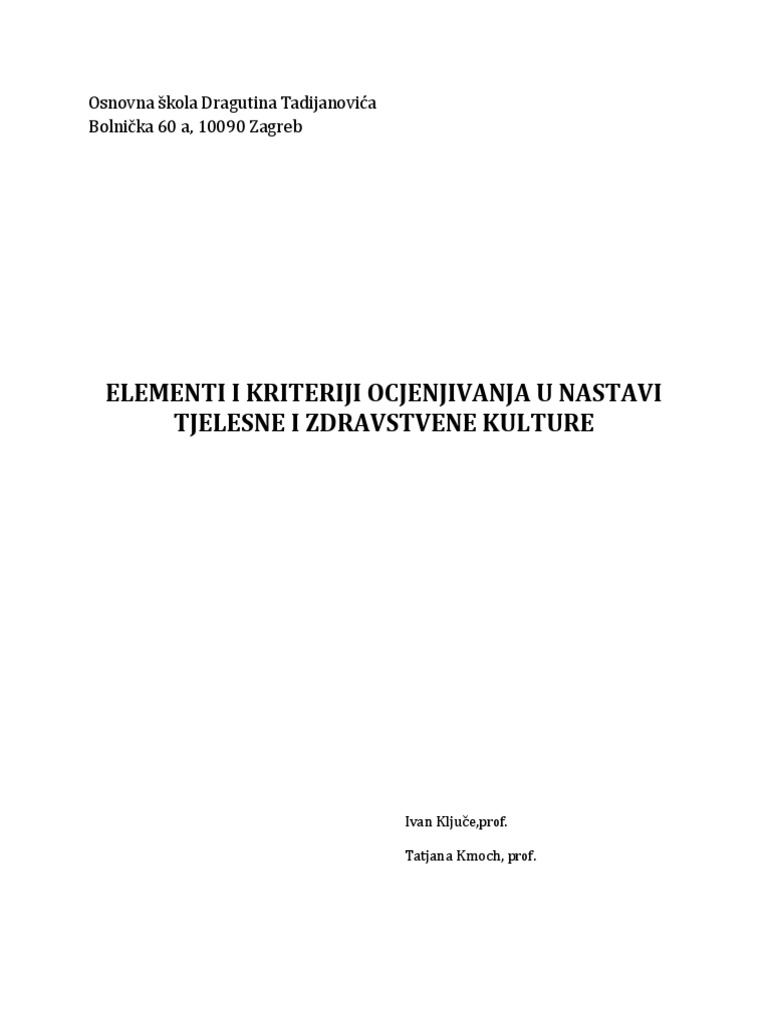 Elementi I Kriteriji Ocjenjivanja TZK Predmetna Nastava | PDF