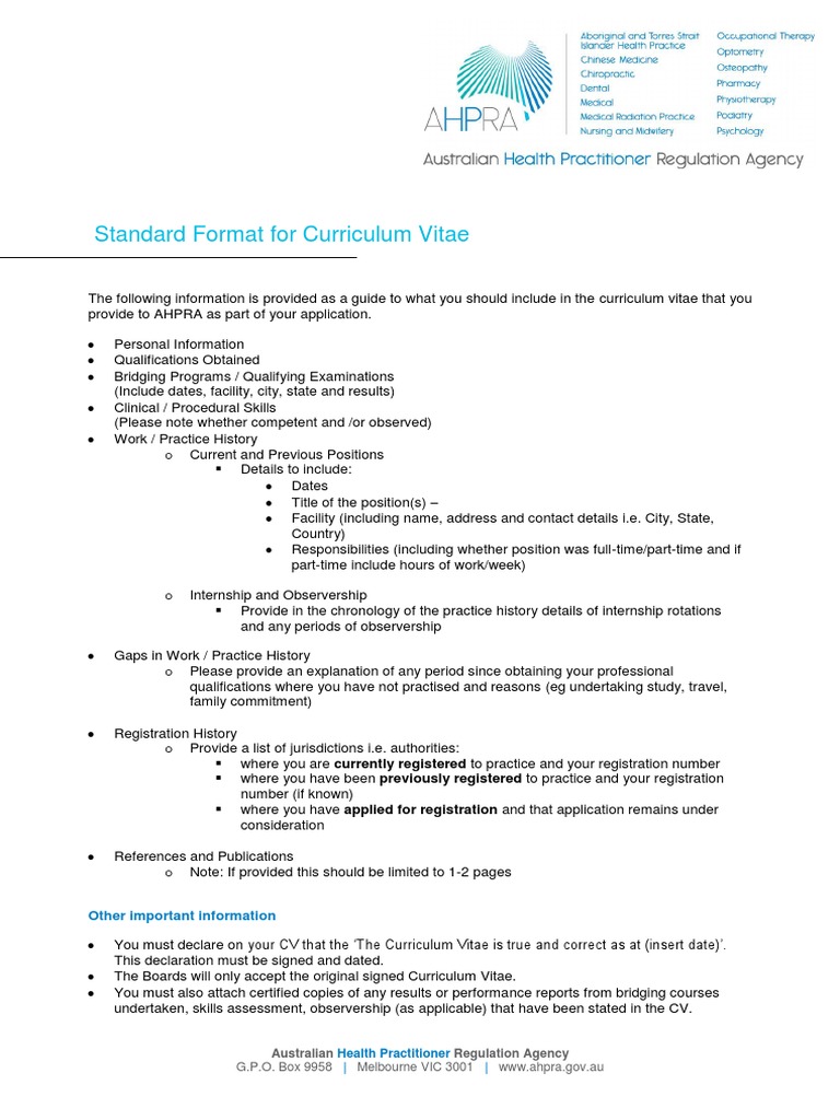 AHPRA Standard CV Format Guide | PDF | Curriculum | Health Care
