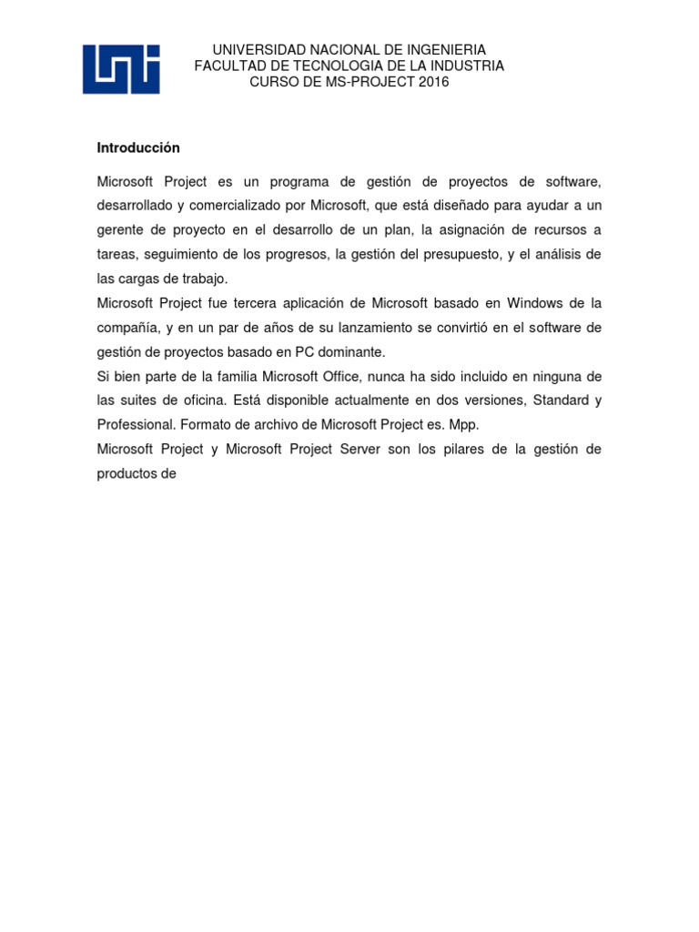 Curso de MS-Project 2016 en UNI | PDF | Microsoft | Informática
