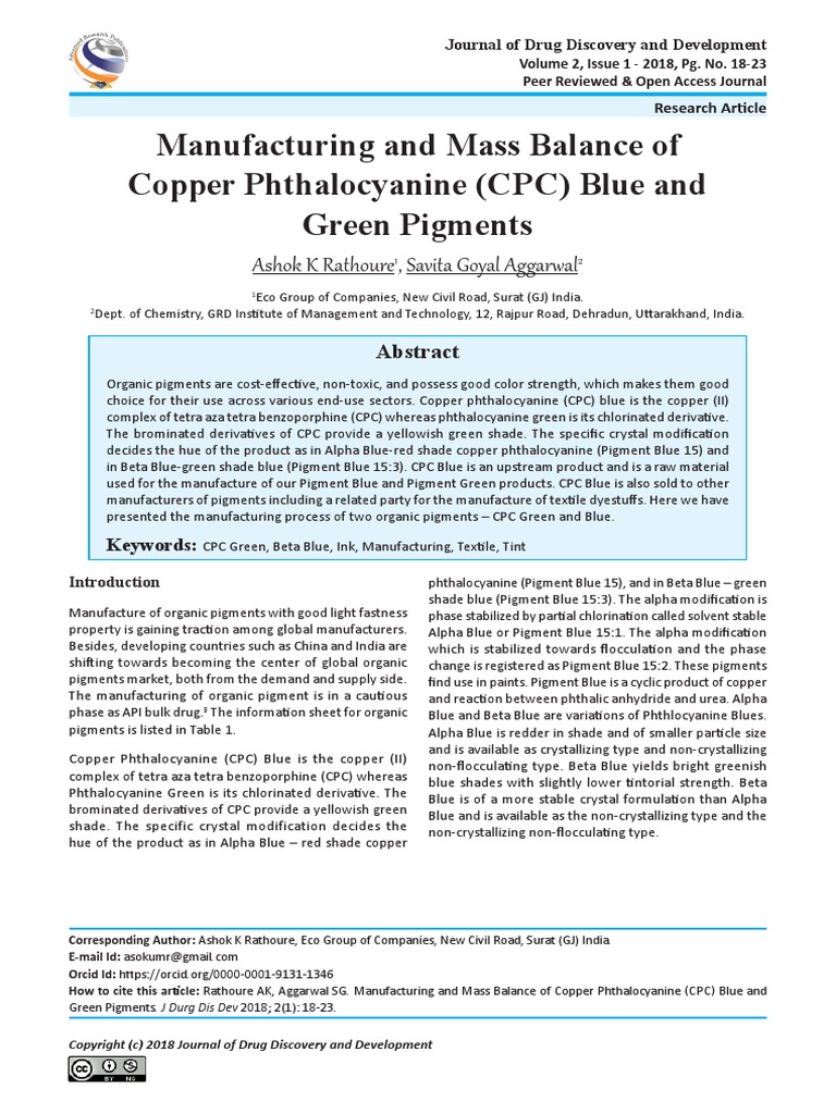 Manufacturing and Mass Balance of Copper Phthalocyanine (CPC) Blue and ...