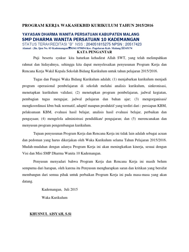 Program Kerja Wakil Kepala Sekolah Bidang Kurikulum Smp