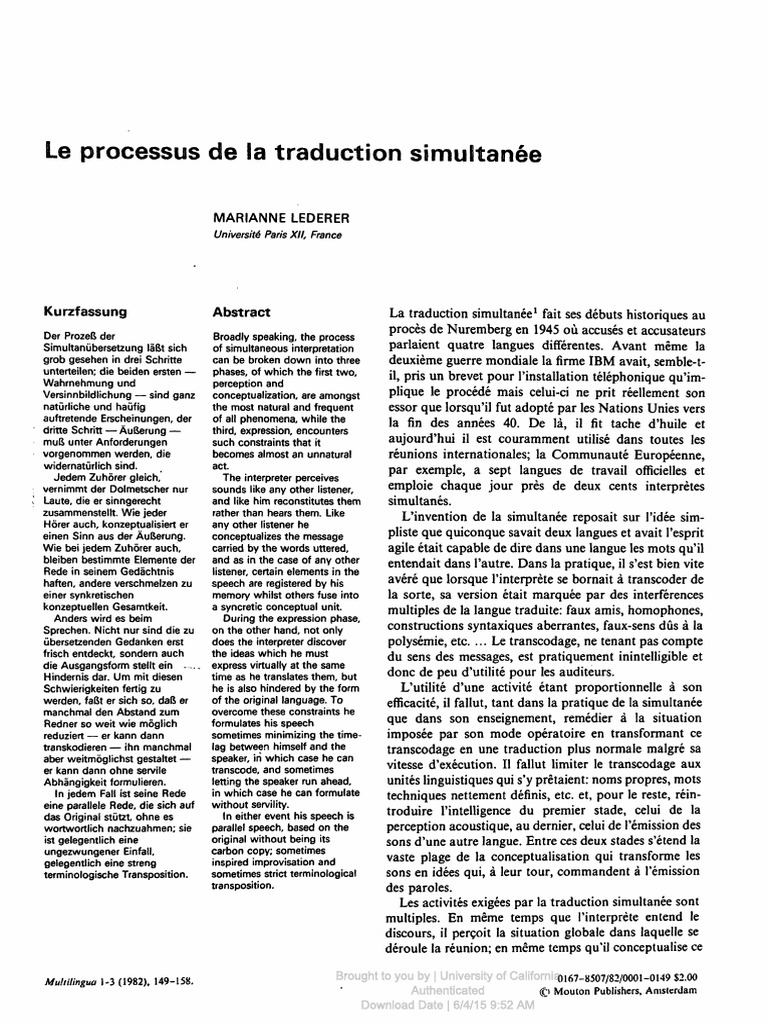Le Processus de La Traduction Simultanée | PDF