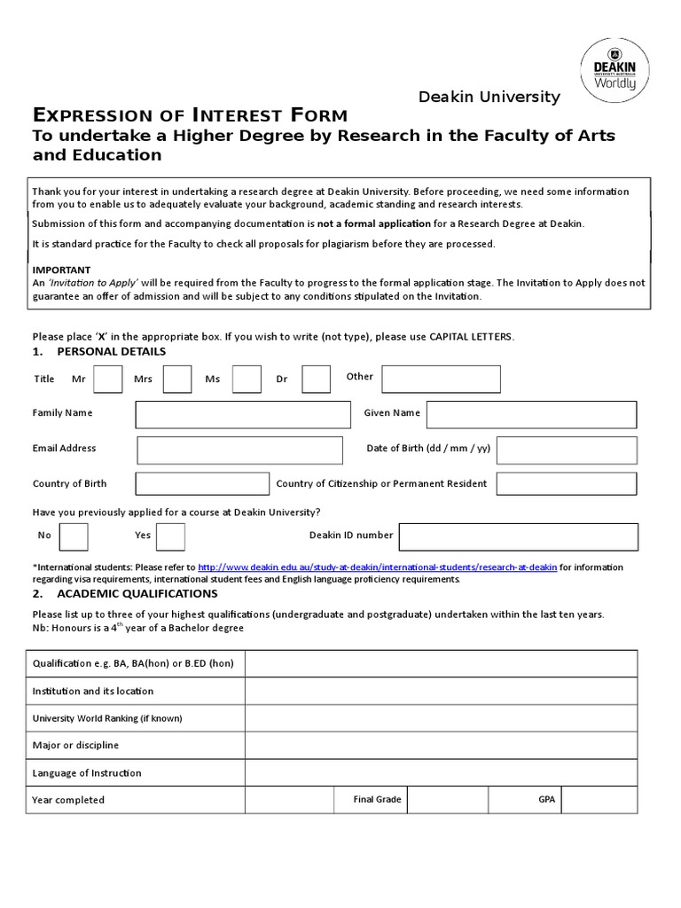 Deakin University Research Interest Form | PDF | Thesis | Postgraduate ...