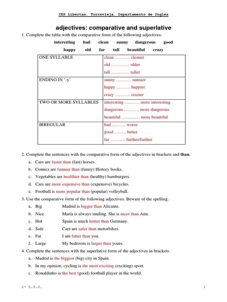 Adjectives Comparative and Superlative - PDF Soluciones PDF | PDF ...