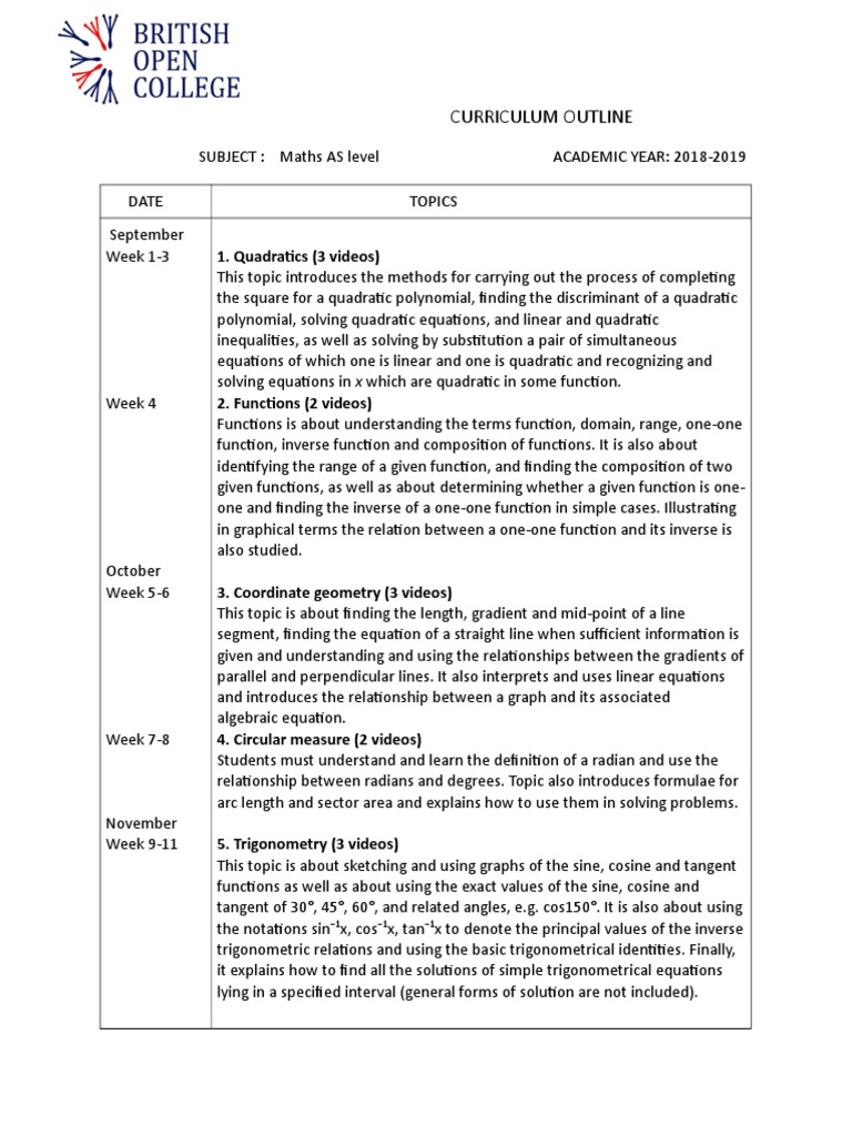 AS Level Maths Curriculum Outline 2018-2019 | PDF | Trigonometric ...