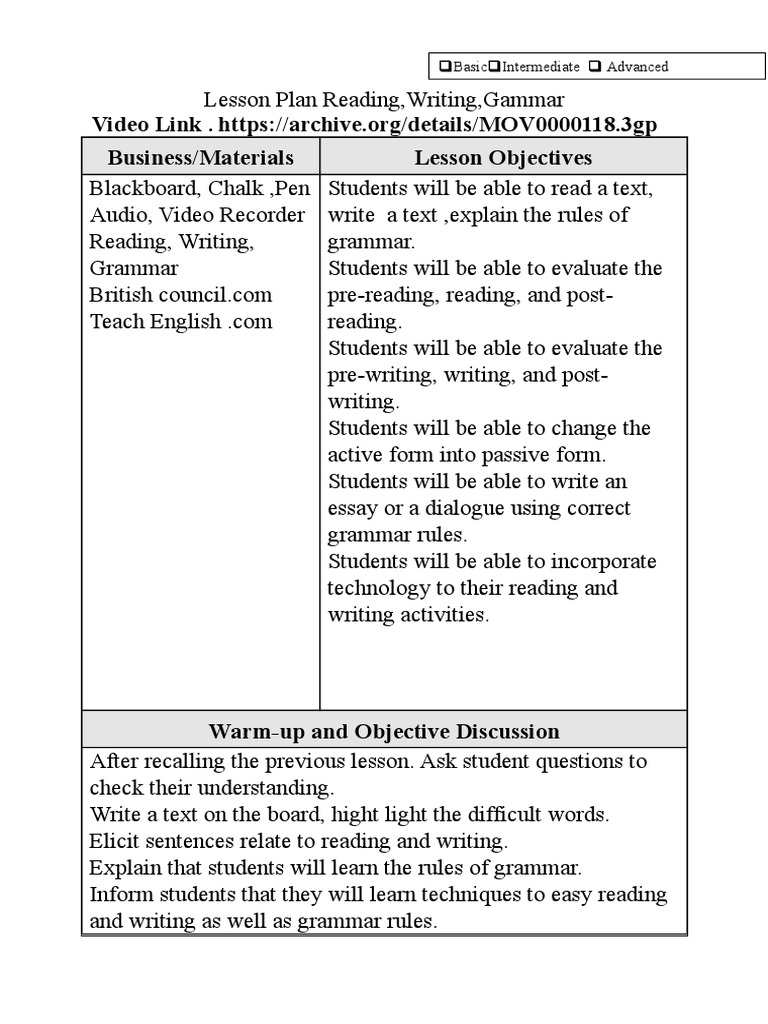 Lesson Plan Reading Writing, Grammar PDF Homework Reading (Process)