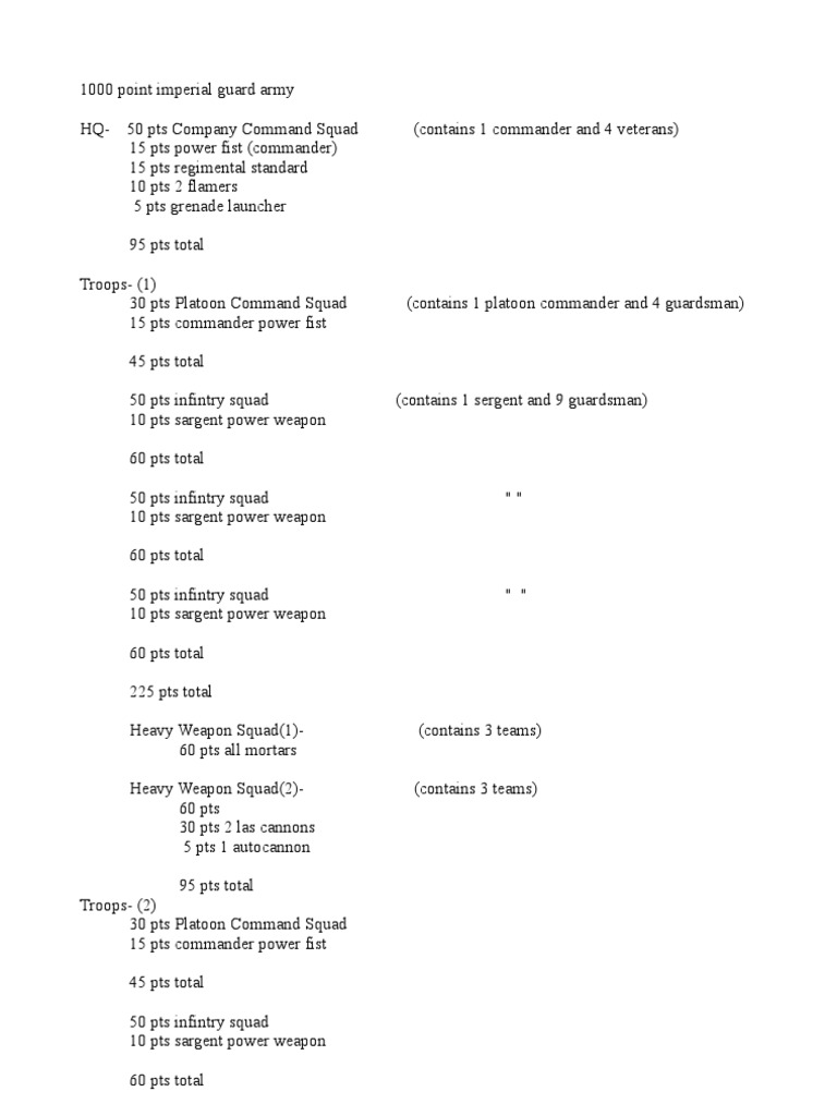 1000 Point Imperial Guard Army List | PDF | Company (Military Unit ...