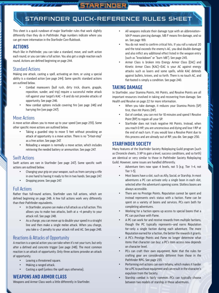 Starfinder Quick Reference Rules Sheet Role Playing Games Role Playing
