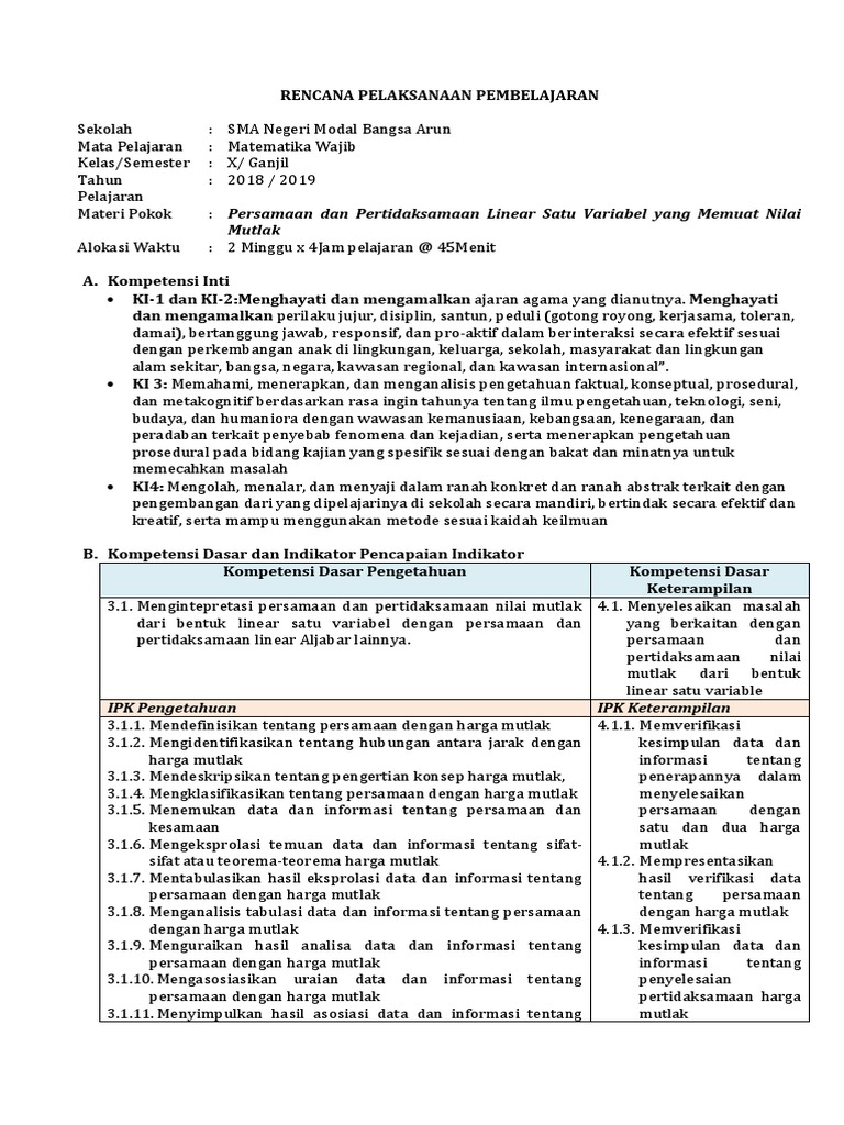 Rpp 1 Persamaan Dan Pertidaksamaan Linear Satu Variabel Yang