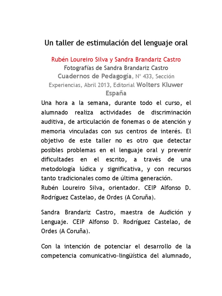 Un Taller de Estimulación Del Lenguaje Oral | PDF | Psicología ...