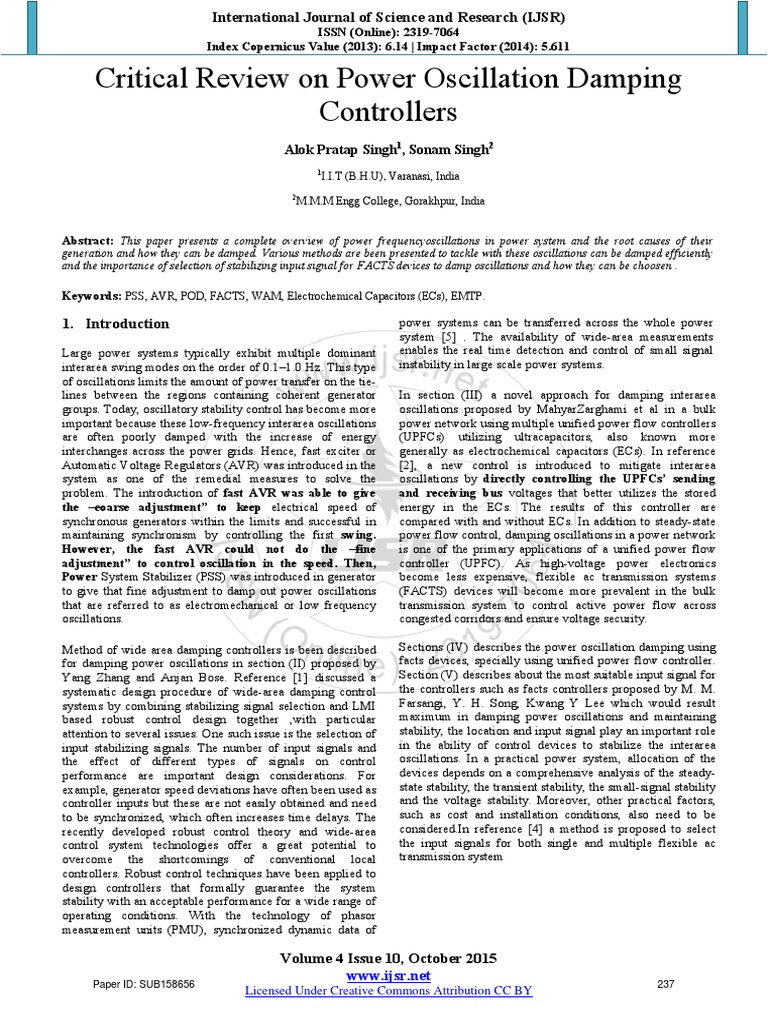 Power Oscillation Damping Controllers Review | PDF | Control Theory ...