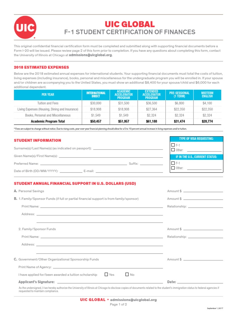 Uic Global F1 Student Certification of Finances PDF Business