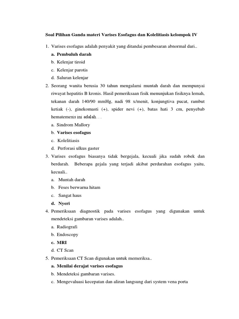 Soal Pilihan Ganda Materi Varises Esofagus Dan
