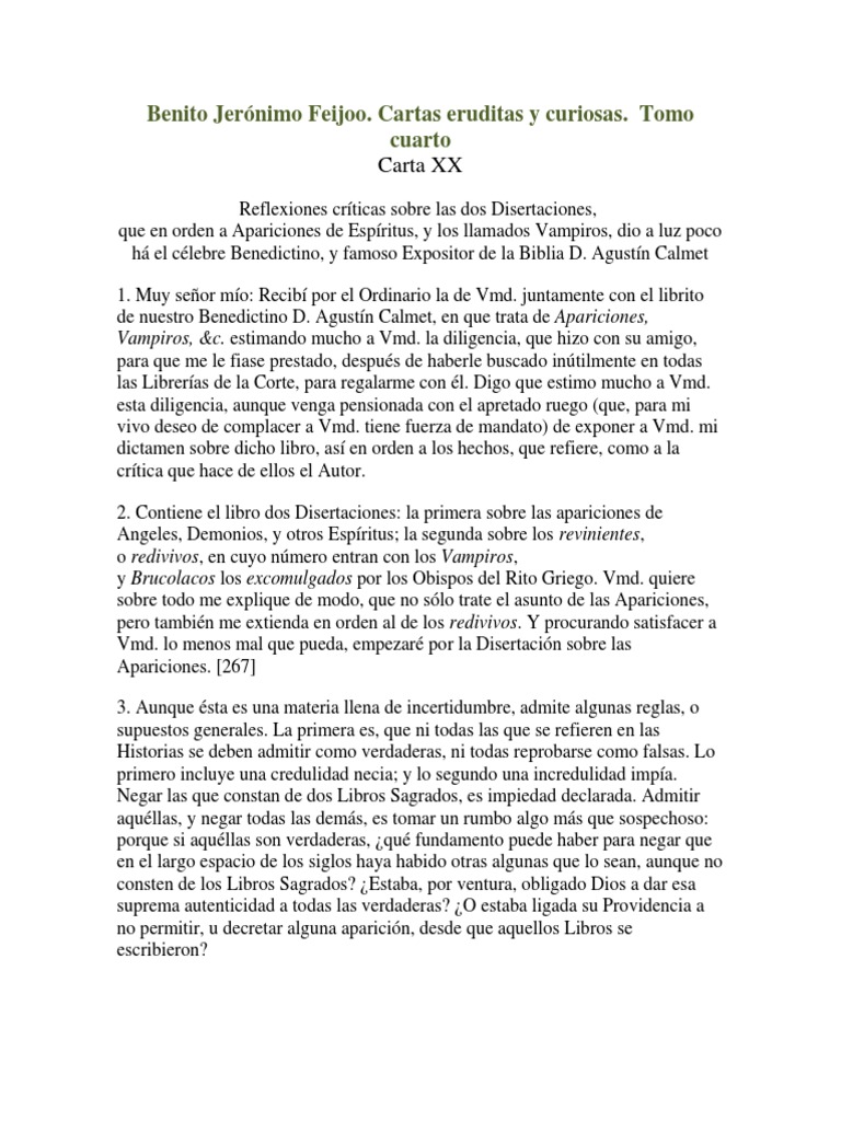 Benito Jerónimo Feijoo Cartas Eruditas y Curiosas. PDF Purgatorio Vampiros
