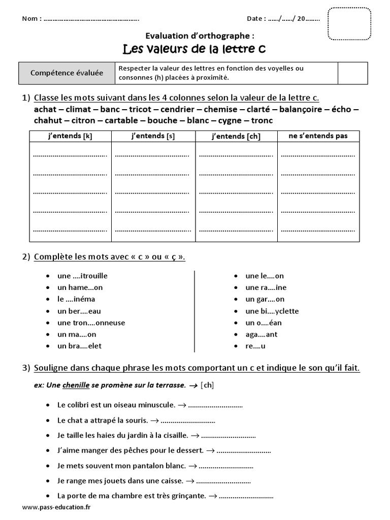 Exercice Ce1 C Ou ç à Imprimer Valeurs de La Lettre C Ce2 Bilan À Imprimer | PDF
