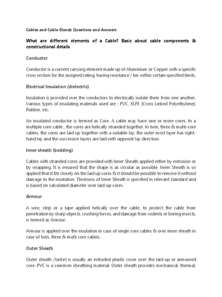 Cables and Cable Glands Questions and Answers PDF Insulator