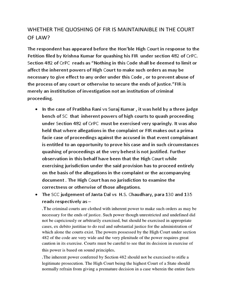 Whether The Quoshing of Fir Is Maintainaible in The Court of Law | PDF ...