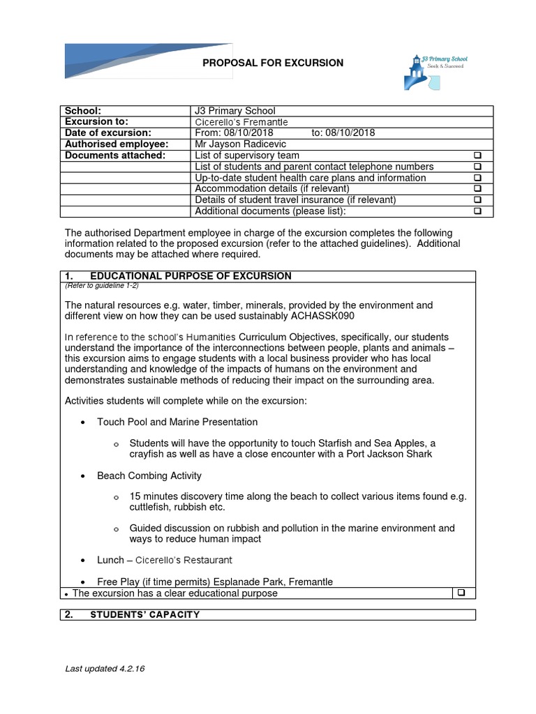 J3 Primary School Excursion Proposal | PDF | Insurance | Seat Belt