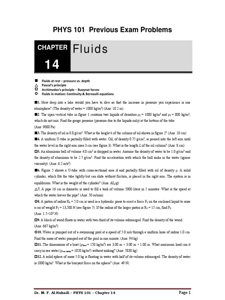 PHYS 101 Chapter 14 Fluid Problems | PDF | Buoyancy | Pressure