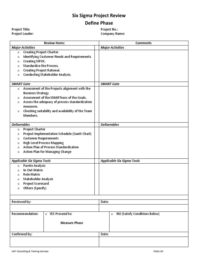 Six Sigma Define Phase Review Template | PDF