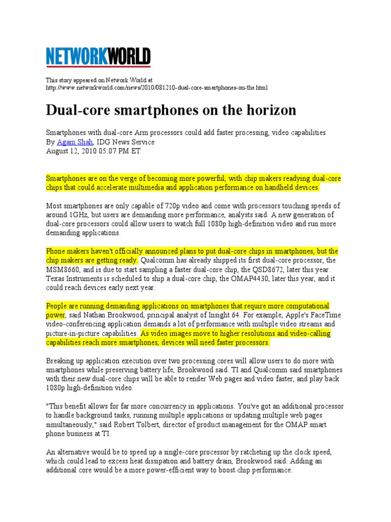 Dual-Core Smart Phones On The Horizon | PDF | Multi Core Processor ...