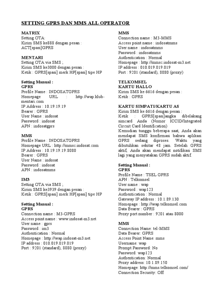 Setting Gprs Dan Mms All Operator | PDF