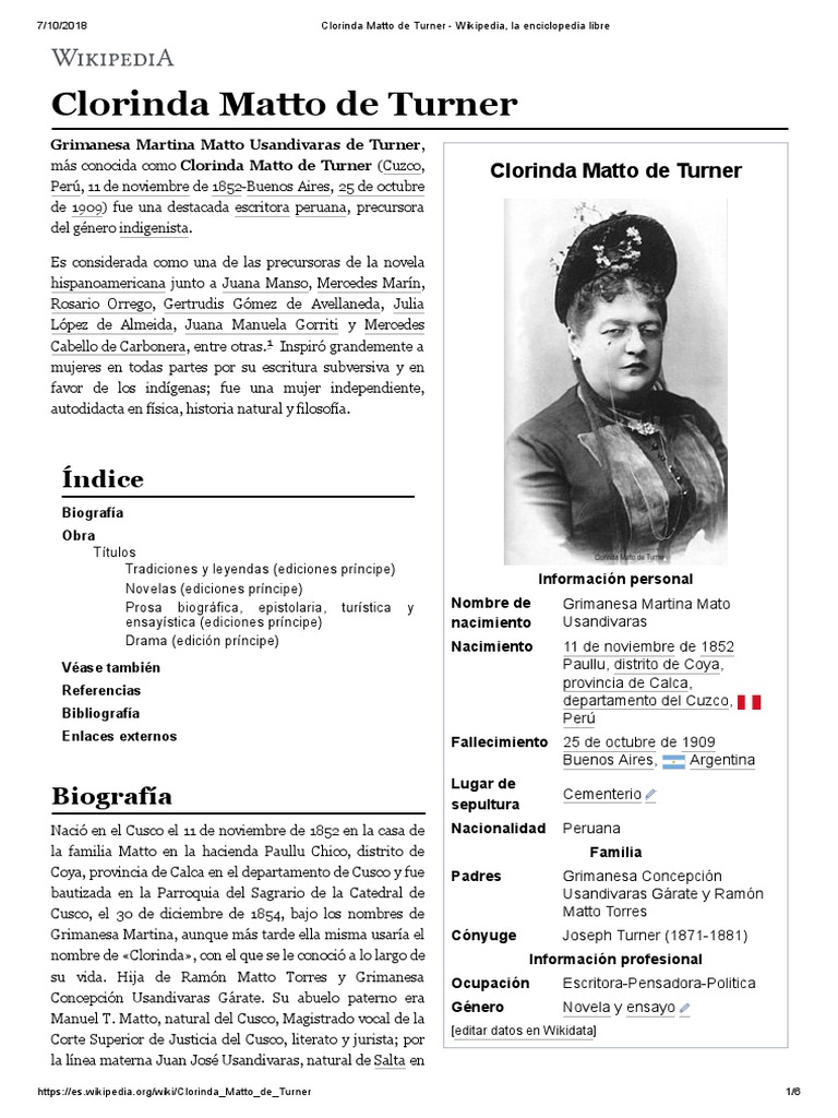 Clorinda Matto De Turner Wikipedia La Enciclopedia Libre Pdf