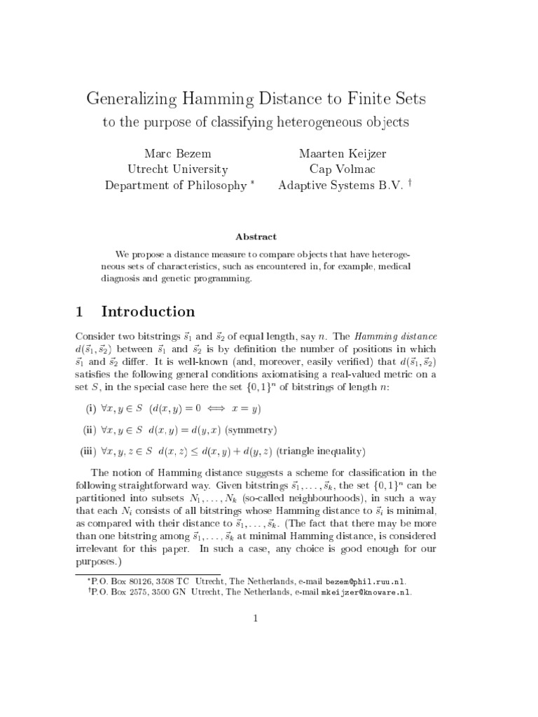 Generalizing Hamming Distance To Finite Sets | PDF | Metric ...